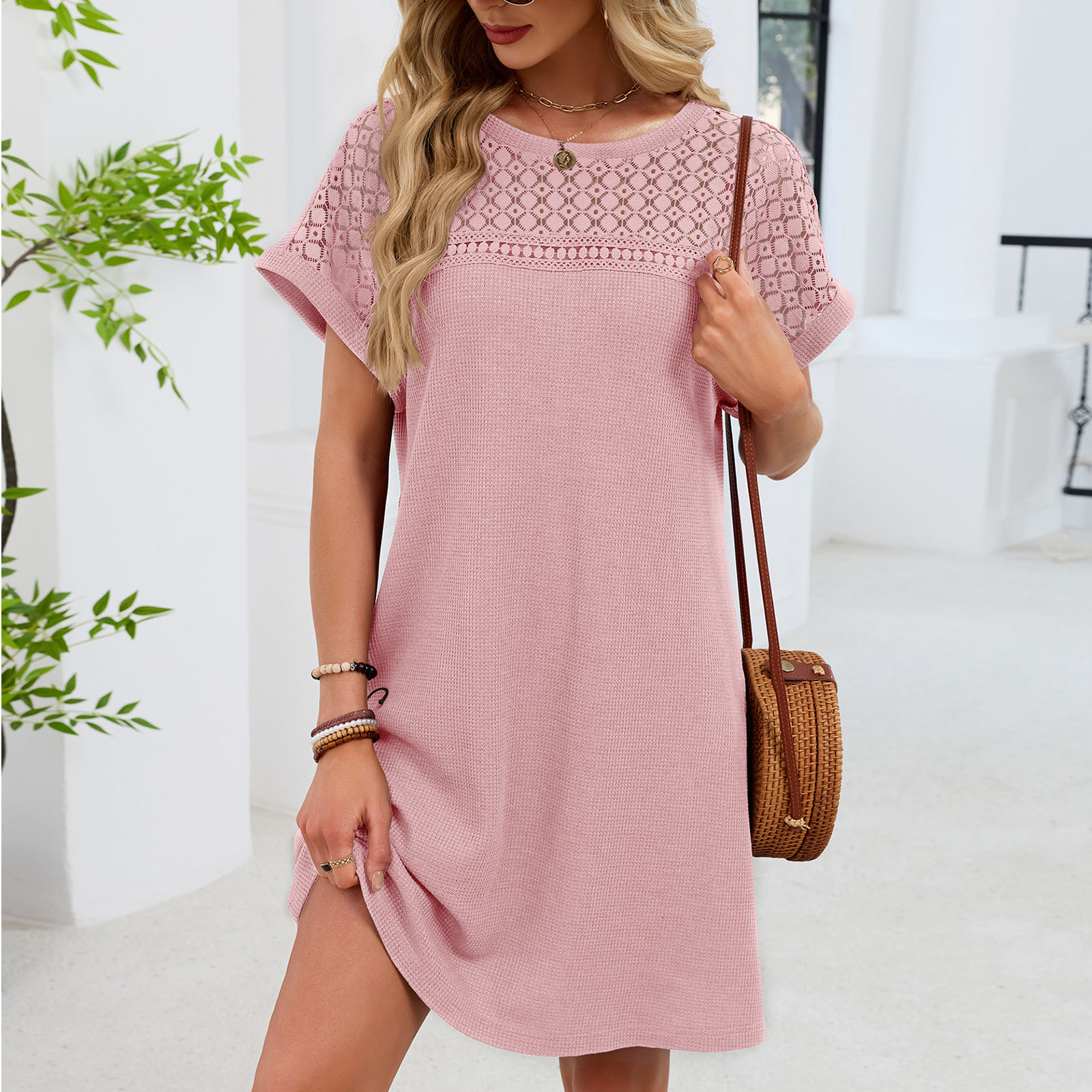 Robe à la mode pour femmes, couleur unie, col ras du cou, à lacets, coupe ample, manches courtes, robes d'été, nouvelle collection
