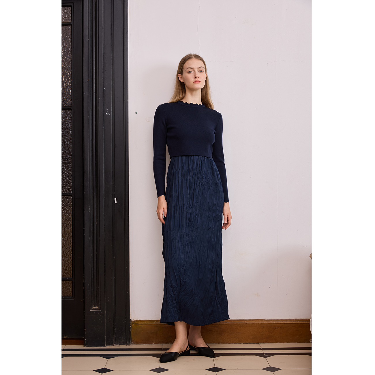AP 2026 femmes automne et hiver robe froissé tricot Patchwork élégant dame robe Maxi