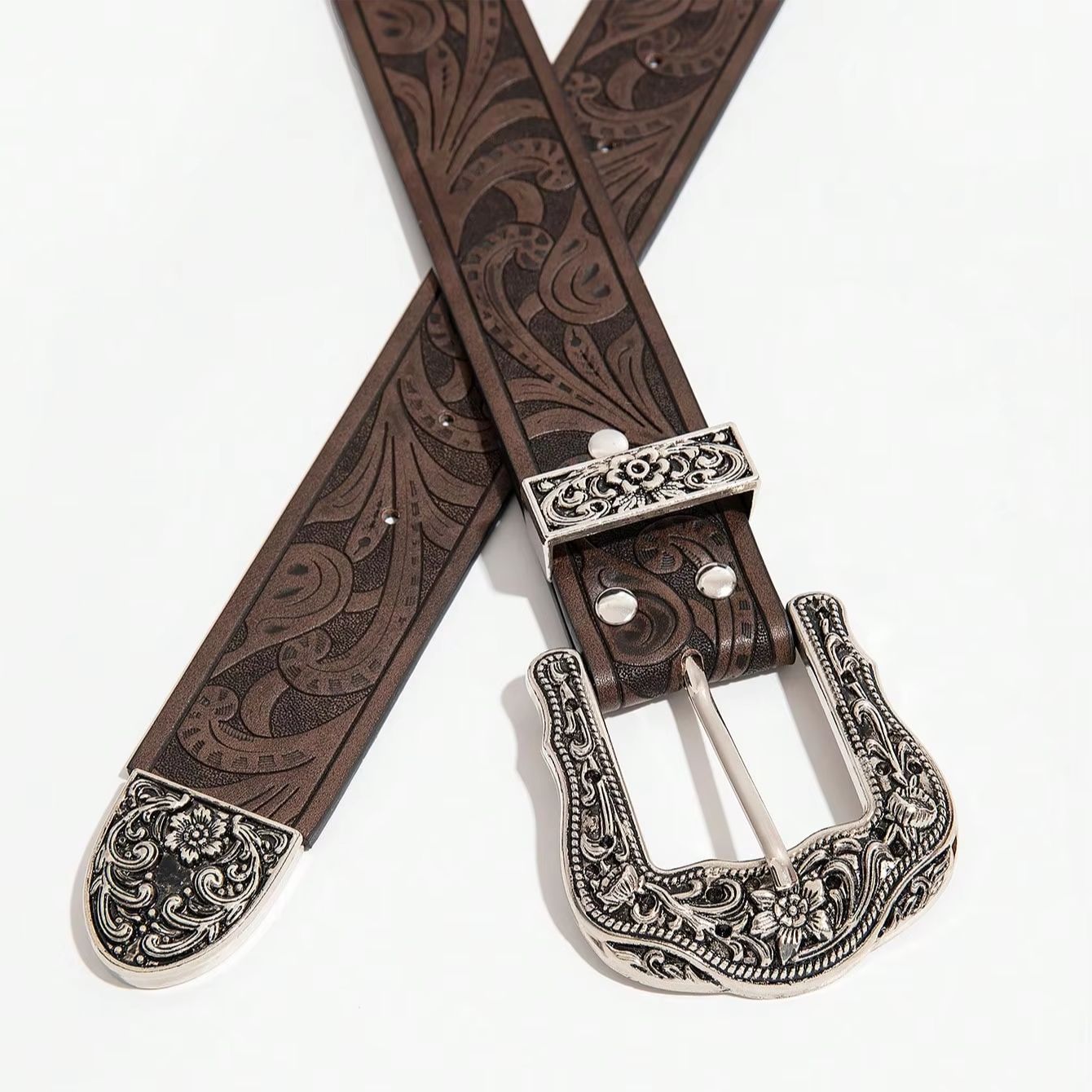 Ceinture marron sculptée de style bohème vintage pour hommes, 1 pièce, ceinture accessoire polyvalente en denim, adaptée aux déplacements quotidiens