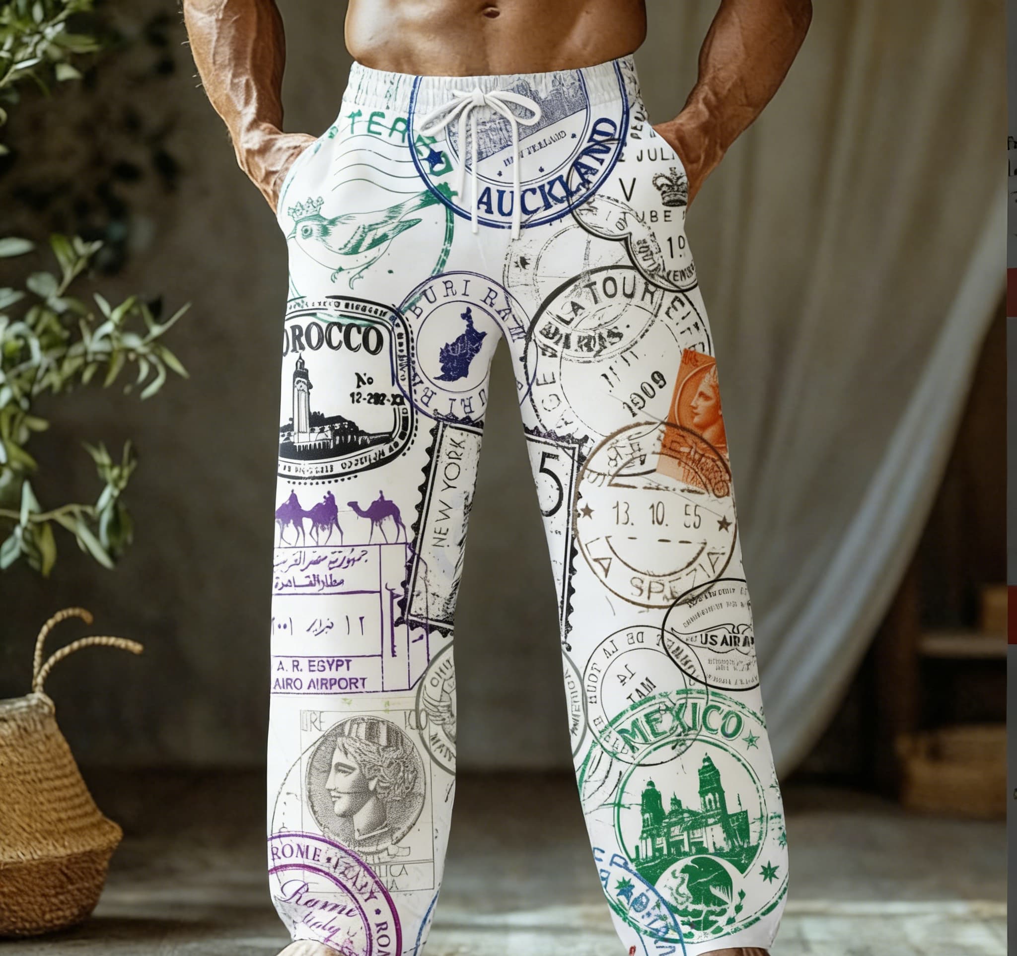 Pantalon de plage hawaïen pour homme, fin, à séchage rapide, coupe ample, décontracté, imprimé rétro avec motif de tampon de passeport