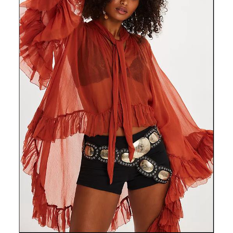 Femmes Chic irrégulière ourlet à volants Cape haut nœud noué cou chemises couleur unie voir à travers coupe ample à manches longues Blouses