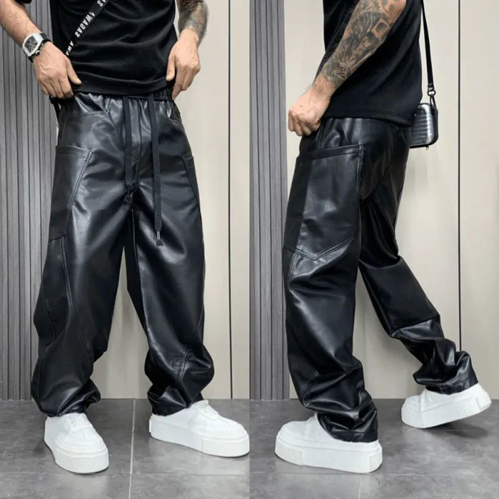 Pantalon en cuir PU multi-poches pour hommes, Streetwear, Hip-Hop américain, All-Match, Document solide, Simple, Pantalon décontracté, Vêtements pour hommes
