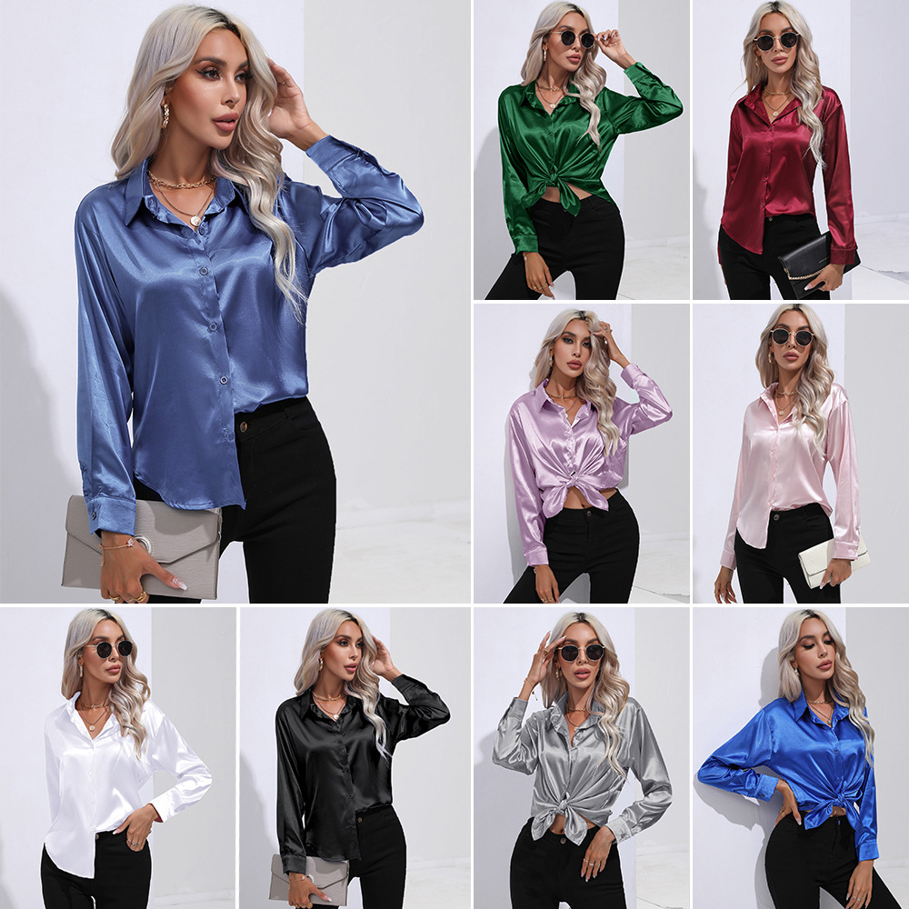 Chemise élégante en Satin Imitation soie pour femmes, manches longues, couleur unie, bureau, bouton à revers, vêtements pour femmes, automne/hiver, S-XXL