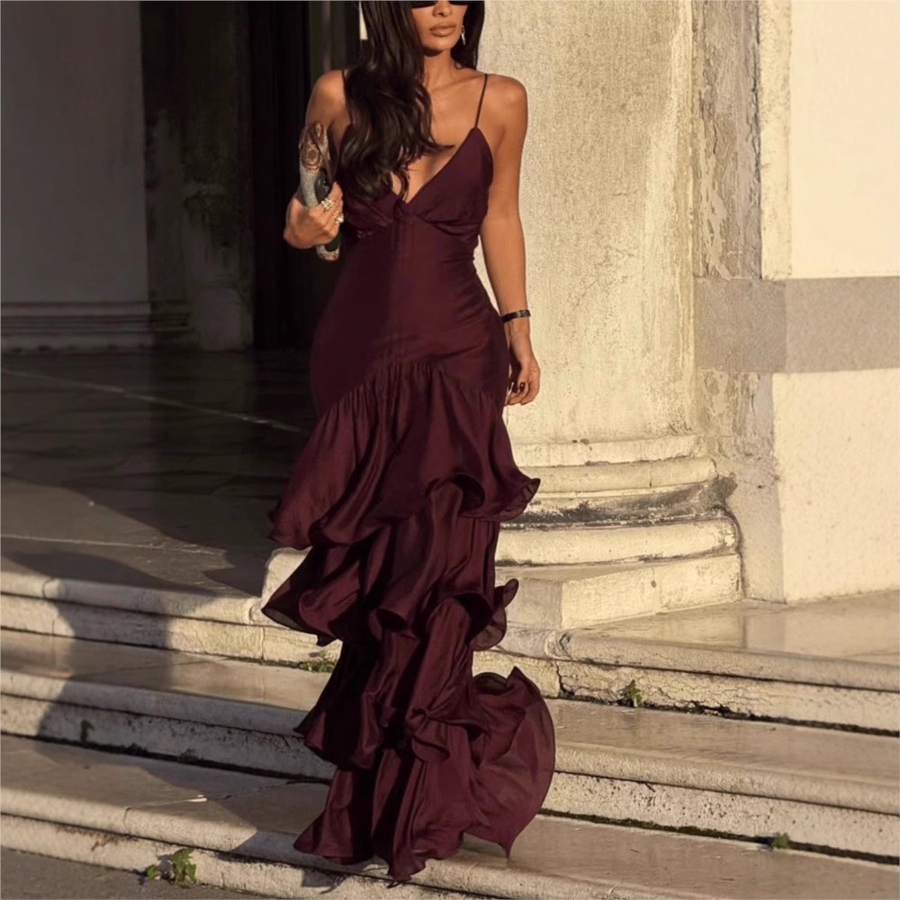 Robe française à taille Tube en V profond pour femmes, robe à bretelles, gâteau, tempérament, Style Simple, Sexy, couleur unie, bretelles Spaghetti