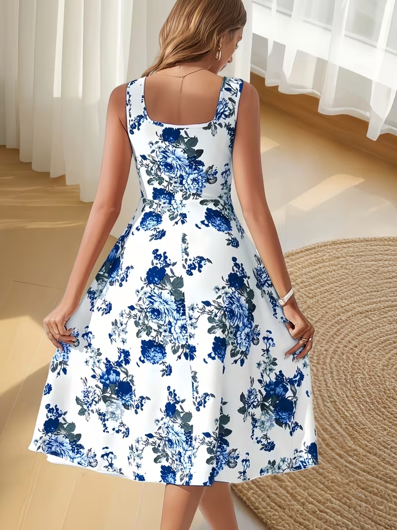 Robe élégante décontractée à imprimé floral, col carré, sans manches, bretelles épaisses, confortable, mi-longue, couleur unie
