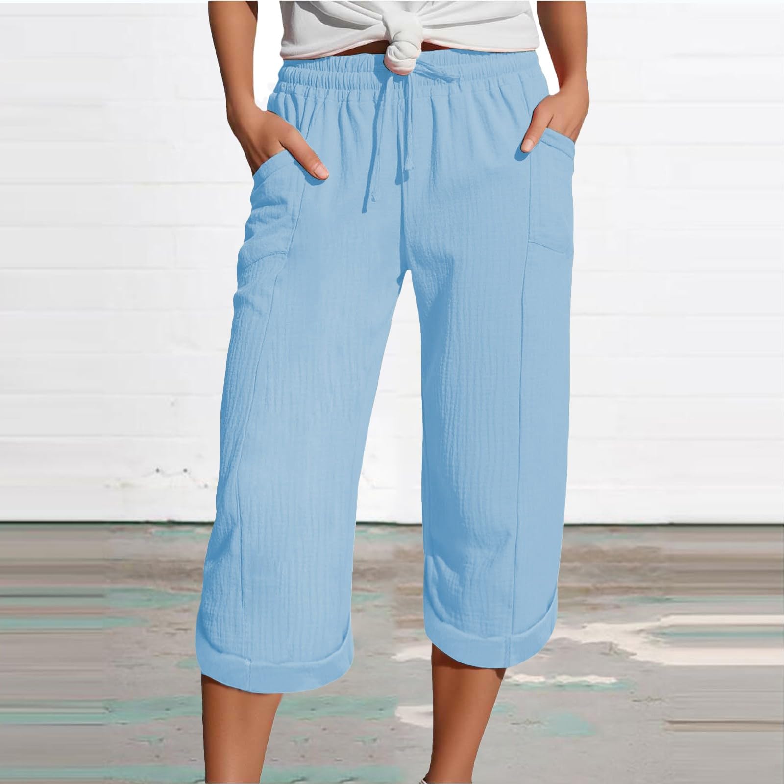 Pantalon en mousseline pour femmes, léger, en lin, avec poches, décontracté, ample, Capri, élastique, confortable, bas en tissu, 3/4