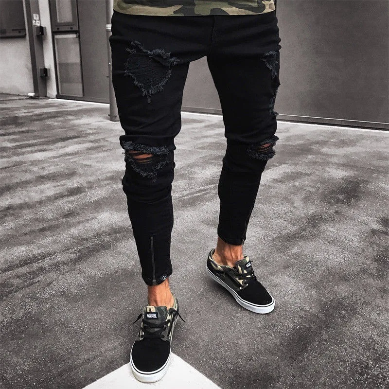 Jeans pour hommes nouveau pantalon tendance noir déchiré avec fermeture éclair extensible pour hommes