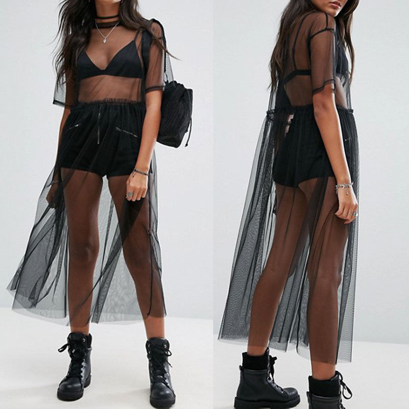 Robe d'été en maille Volie pour femmes, robe d'été en gaze noire transparente, demi-manches, dentelle, vêtements d'extérieur sexy, 1 pièce, été, 2022