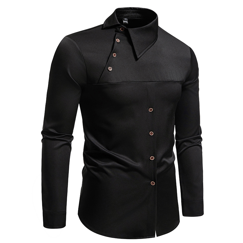 Chemise à col montant pour hommes, bouton oblique de personnalité, chemises provoqué irrégulières pour hommes, manches longues, zones de festival d'affaires, mode