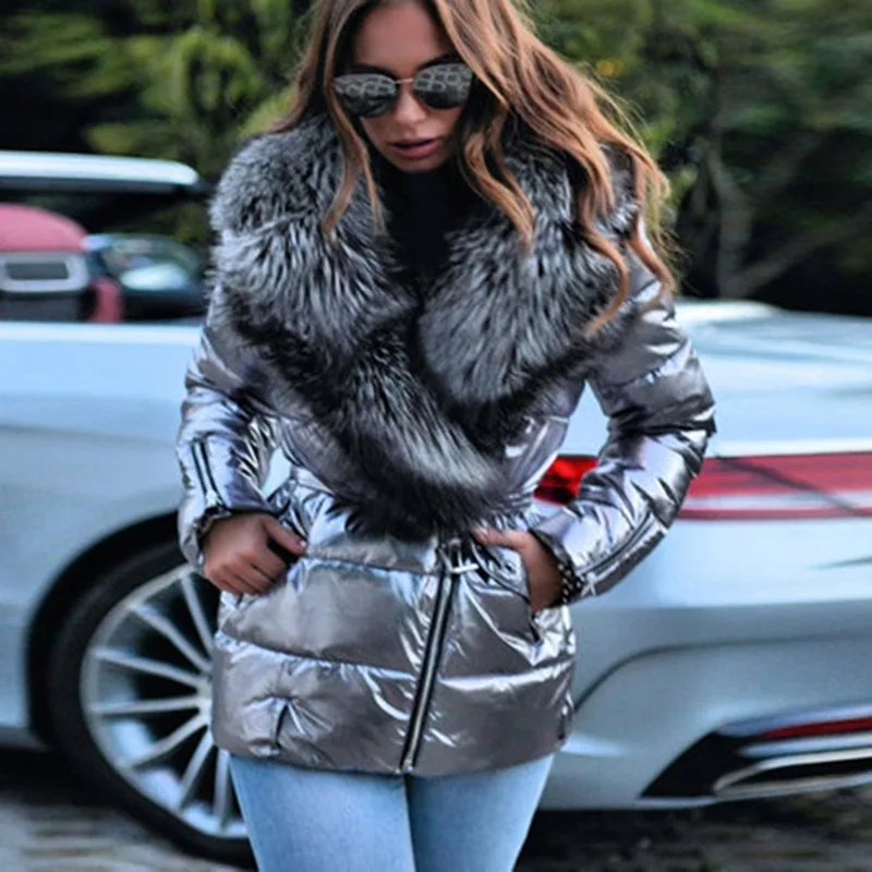 Doudoune Courte en Coton pour Femme, Manteau d'Hiver, Surface Brillante, Grand Col, Style Punk, Slim