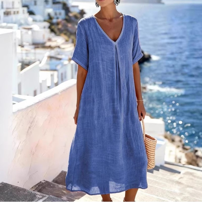 Robe vintage pour femmes, décontractée, printemps et été, jupe longue ample, manches courtes, col en v, robes unies en coton et lin pour femmes