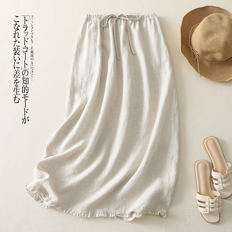 Jupe mi-longue en coton pour femme, nouvelle version coréenne, élégante et tendance, avec bordure à volants et cordon de serrage à la taille