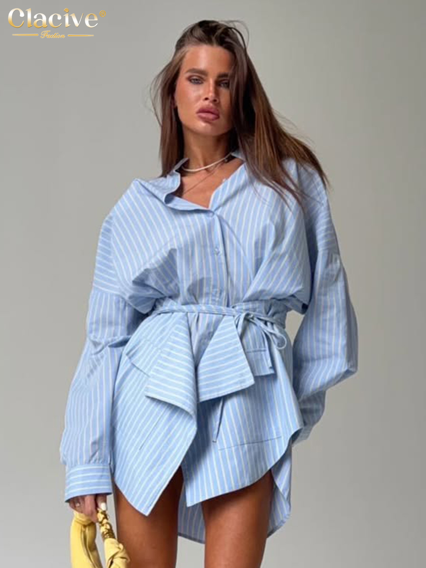 Clacive – ensemble 2 pièces à rayures bleues pour femmes, chemise élégante à manches longues avec mini jupe taille haute, vêtements féminins