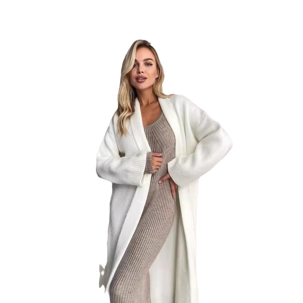 Cardigan en laine pour femmes, veste ample, tempérament rétro, élégant, couleur unie, sans col, tricoté, manches longues