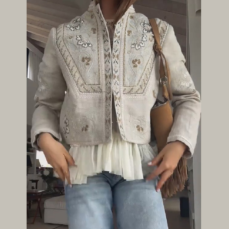 Manteau court élégant pour femme à col montant et manches longues, broderie florale vintage, veste décontractée pour rendez-vous
