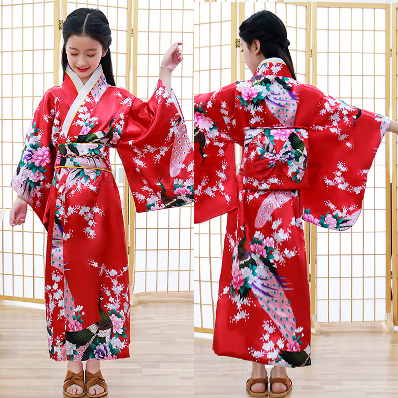 Kimono japonais en Satin pour filles, nouveauté de luxe, Robe Yukata imprimée avec Obi, Costume de spectacle pour enfants, vêtements traditionnels asiatiques
