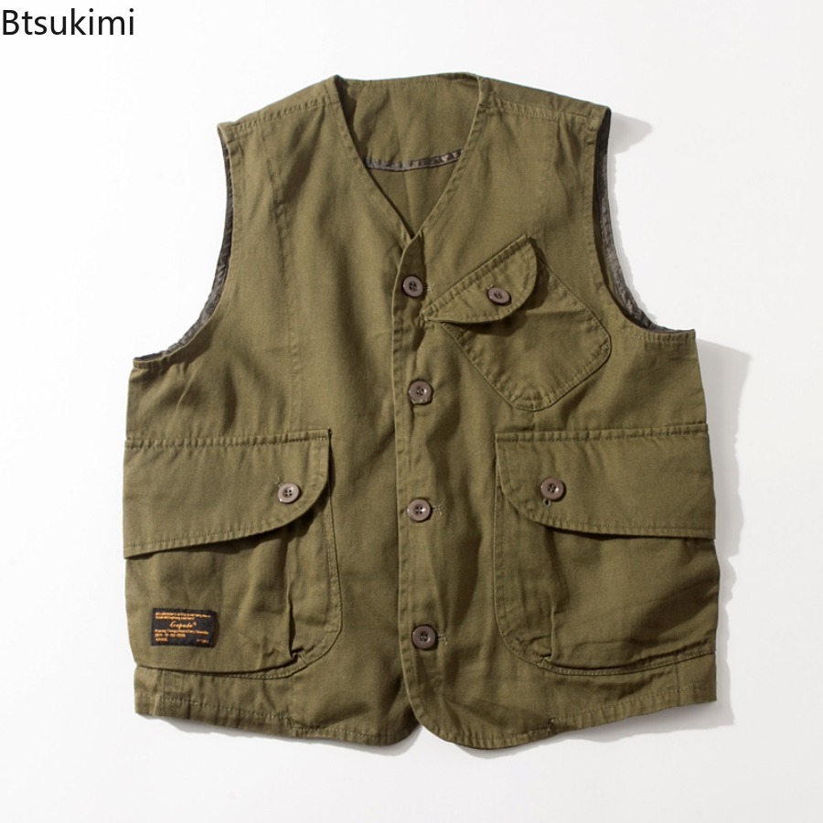 Gilet décontracté sans manches rétro pour homme, veste de travail polyvalente tendance pour homme, gilet cargo de voyage et de tir avec poches