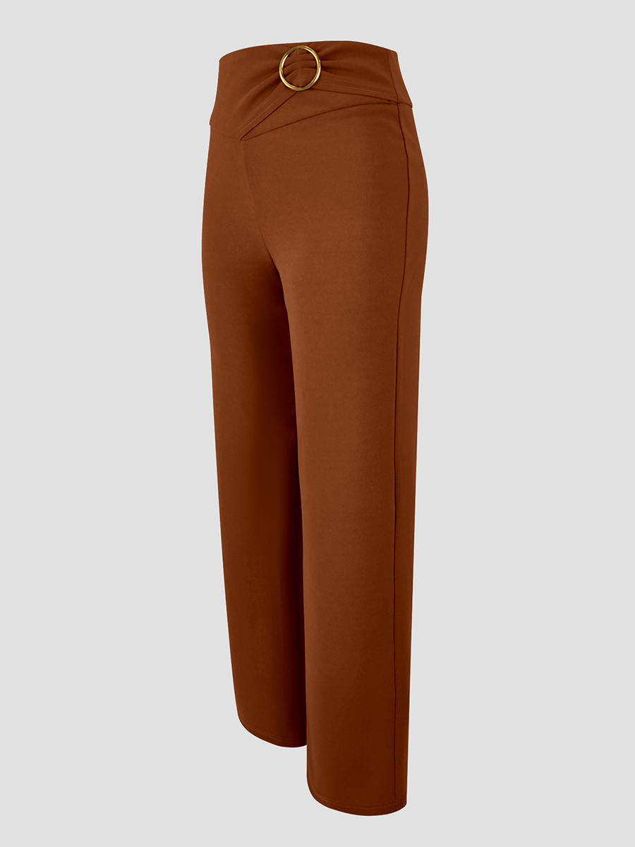 Pantalon large à taille haute pour femmes, style vintage, couleur marron unie, élégant, pour le bureau, avec anneau métallique, pantalon long décontracté pour l'automne.