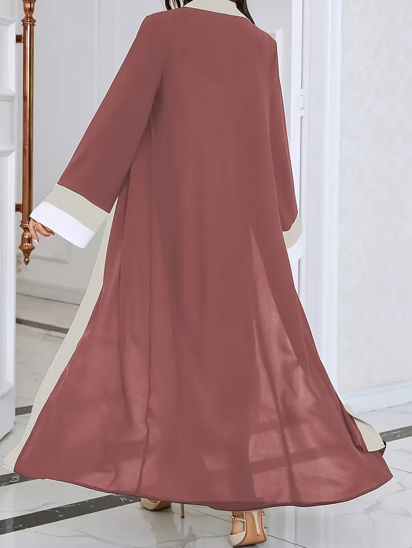 Robe longue décontractée pour femme Ramadan 2026, élégante robe extra longue ajustée à manches longues et à contraste de couleurs, Vêtements pour femme 1