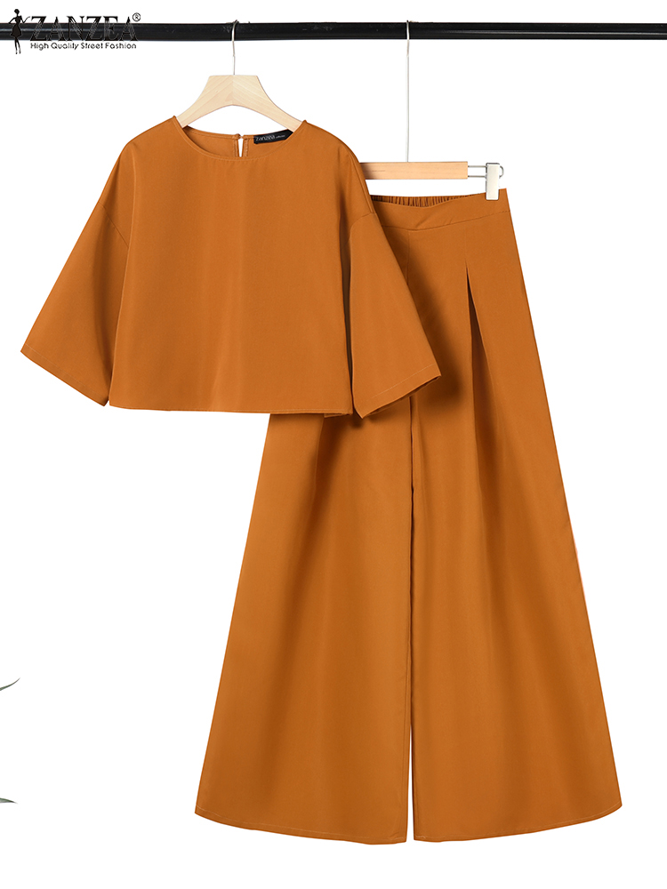ZANZEA été 2 pièces femmes pantalons ensembles mode correspondant ensembles 3/4 manches Blouse ample jambe large pantalon costume élégant travail OL tenues