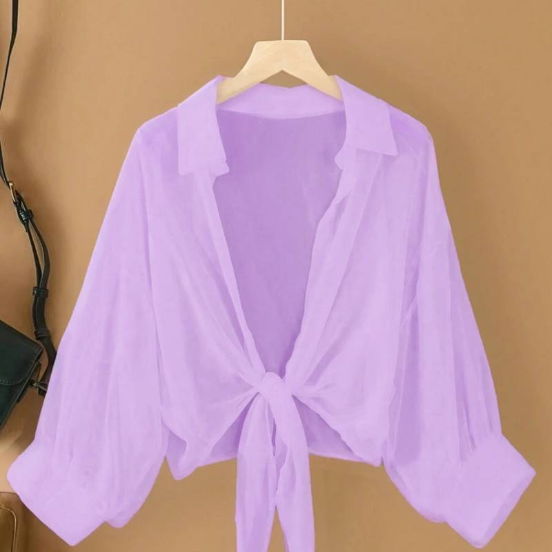 Nouveau chemisier femme |   Léger et transparent, revers avec cravate, couleur unie, manches longues, chemise d'extérieur pour protection solaire