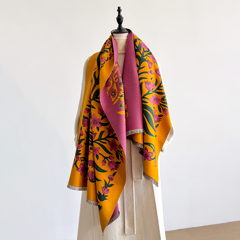 Châle Pashmina Jacquard Floral élégant pour femmes-hiver épais chaud Double face gland conception résistant au froid coupe-vent couverture écharpe