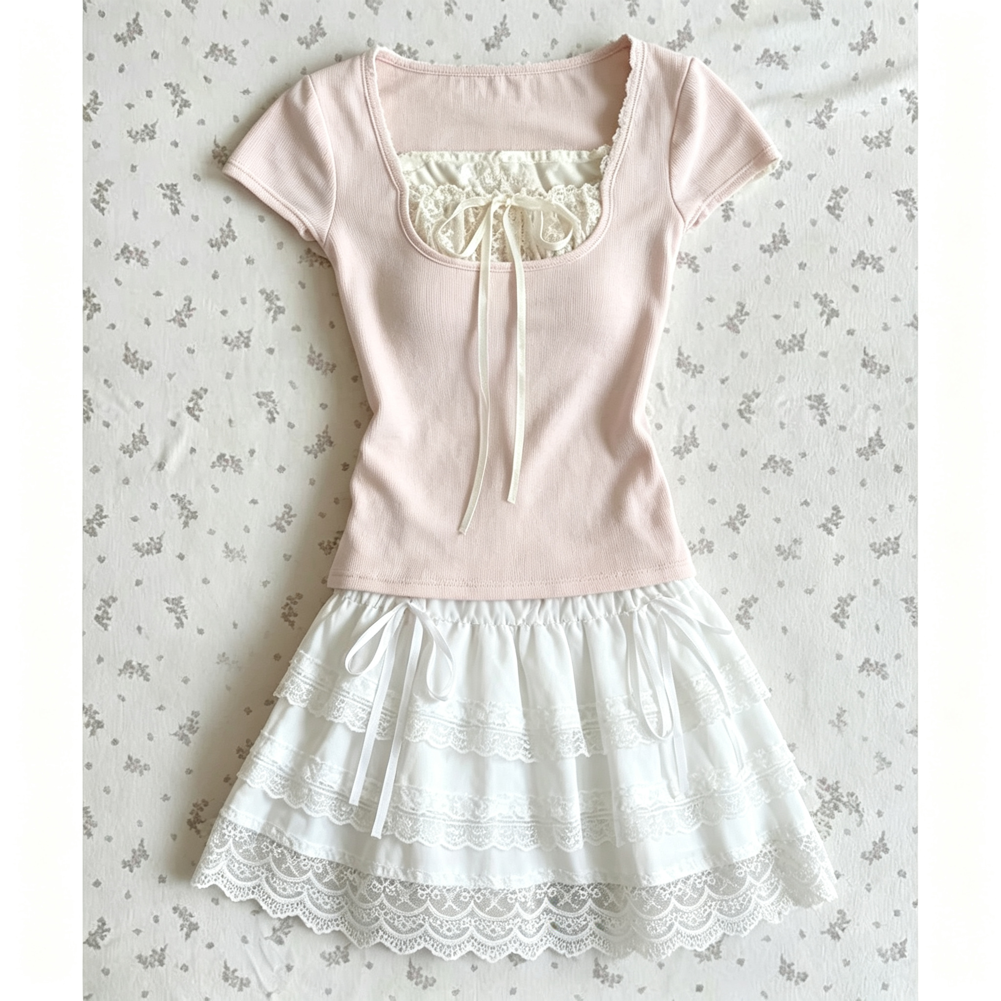 Tenue japonaise en deux pièces, haut à manches courtes et col carré en dentelle + mini-jupe Y2K Harajuku Lolita Kawaii, costume streetwear