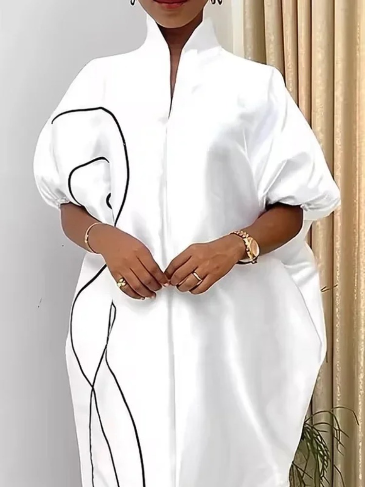 Robe Kaftan Musulmane Élégante et Modeste pour Femme 2026 Nouvelle Collection – Imprimé Abstrait, Manches Bouffantes Amples, Col Montant, Robe Longue de Soirée