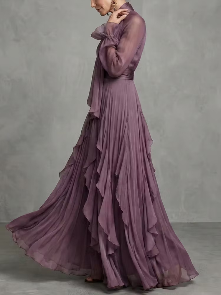 Robe longue élégante en mousseline à volants pour femme, avec nœud, col montant, manches lanternes, taille haute, pour invitées de mariage et soirées