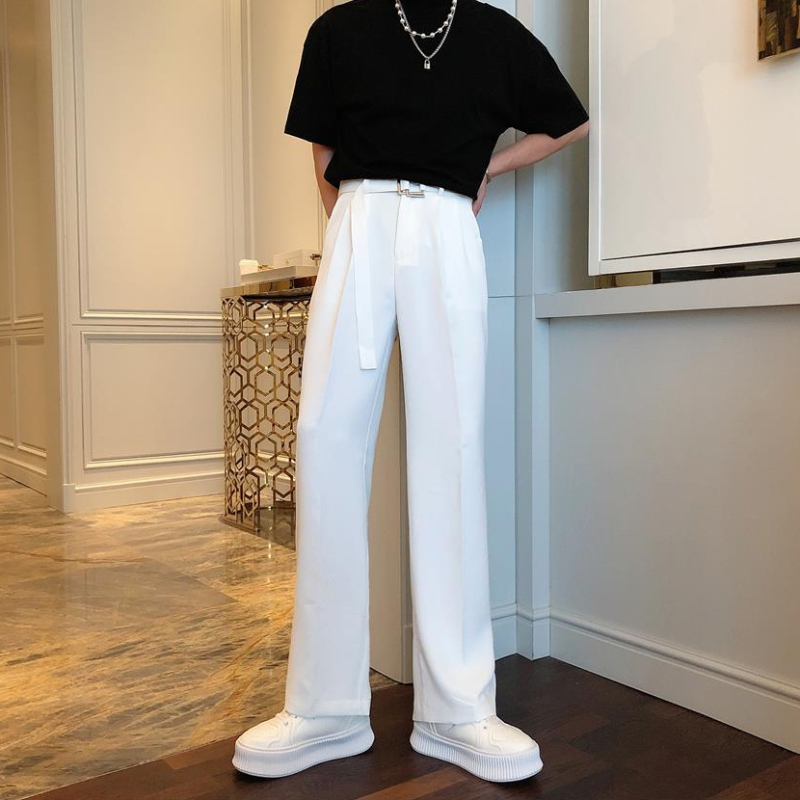 Pantalon blanc pour hommes Baggy avec ceinture jambe large élégant printemps vêtements homme costumes pantalons vêtements Promotion tissu chaud été 2025