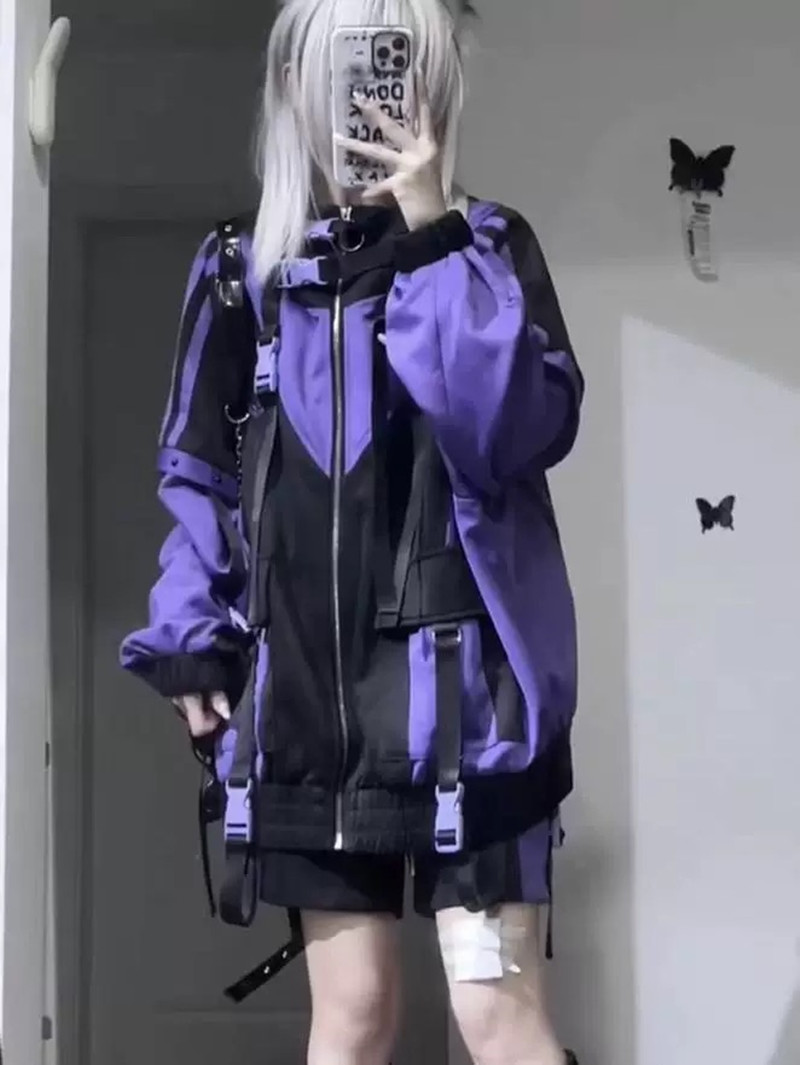Veste en Patchwork violet pour femmes, mode japonaise, Style Techwear, Harajuku, coupe-vent Cosplay, manteau Vintage Y2K, 2025