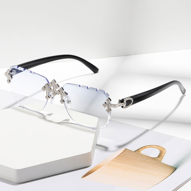 Nouvelles lunettes de mode sans monture pour hommes et femmes, verres haute définition avec incrustations de strass texturés, design de monture tendance, adaptées à un usage quotidien décontracté, choix de cadeau parfait