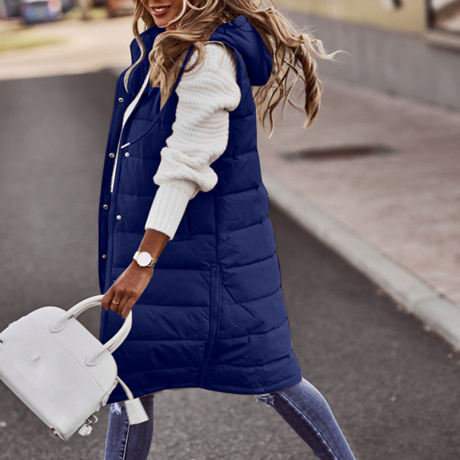 Manteaux d'hiver longs pour femmes, gilet avec capuche, matelassé, veste en coton, sans manches, manteau chaud avec poches, vestes d'extérieur, S-5XL