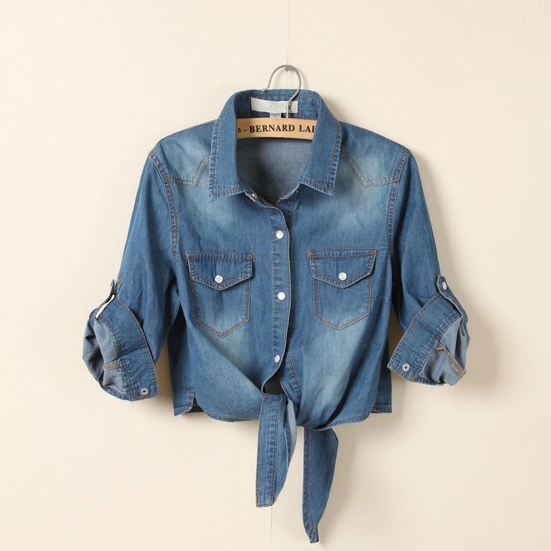 Chemise kimono en denim à manches courtes pour femmes, haut court en jean sexy, chemisier d'été cool