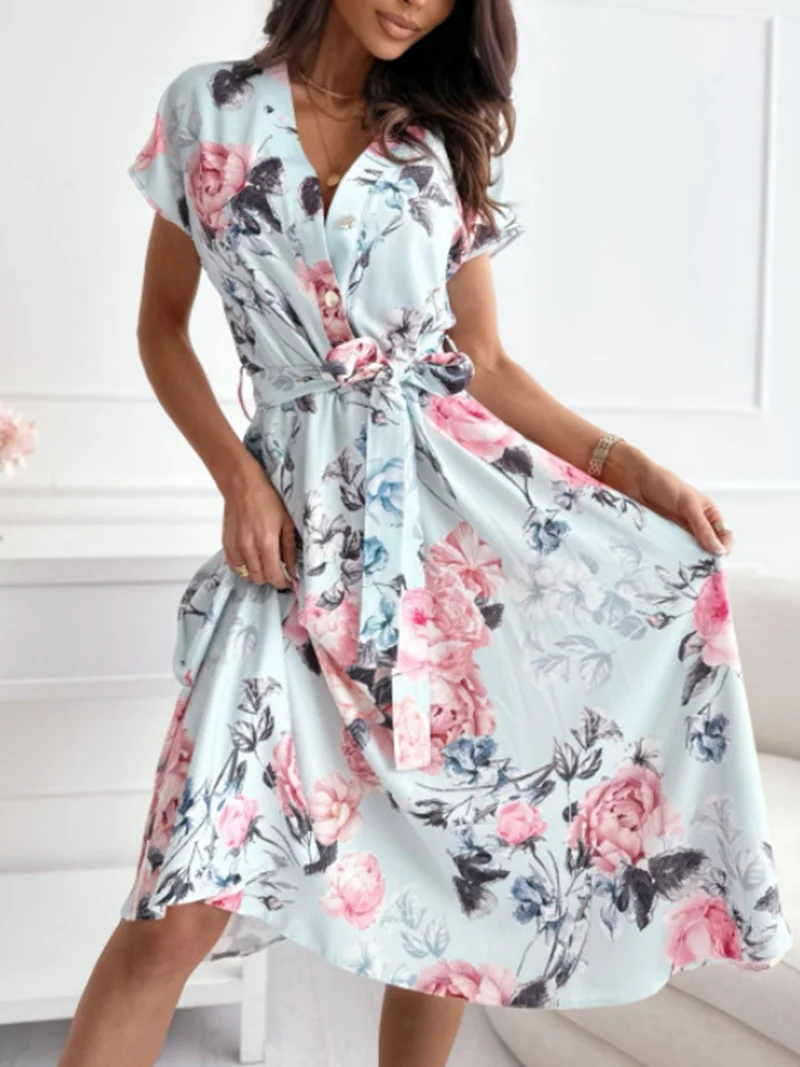 Robe à manches courtes à imprimé floral pour femmes, col en V, ceinture boutonnée, élégante, loisirs, vacances, mode estivale