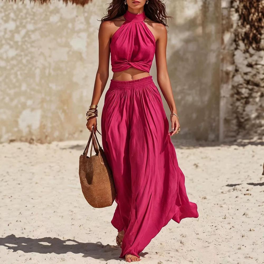Tenues 2 pièces pour femmes, haut sans manches à col haut et pantalon à jambes larges, ensemble assorti pour l'été, tenues de vacances d'été