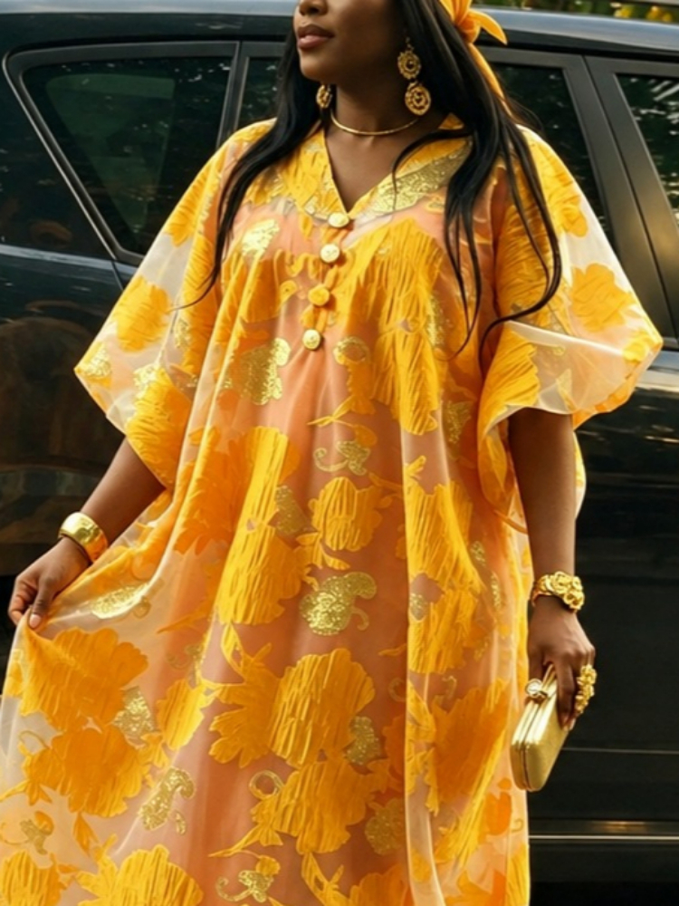 Robe longue de luxe pour femme en jacquard africain, style Bubu Kaftan, col en V, manches chauve-souris courtes, boutonnée, pour église, fête, ou invitée de mariage