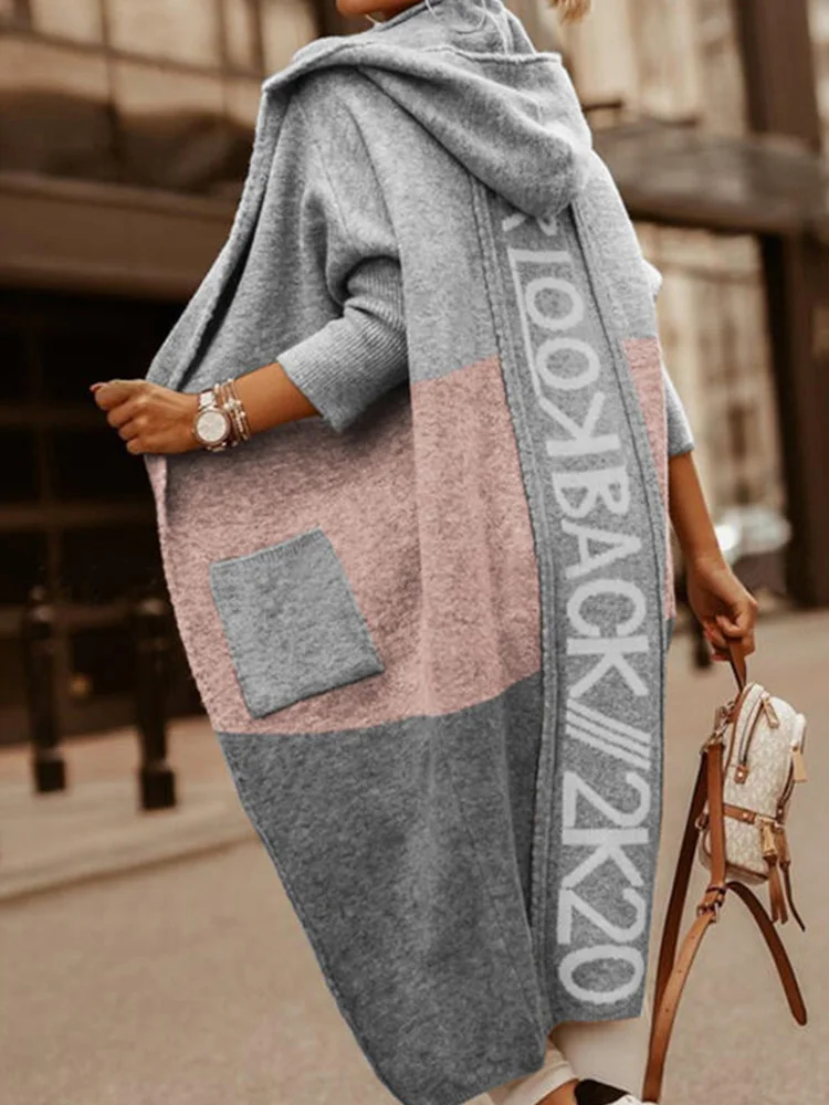 Cardigan à Capuche et Manches sulfpour Femme, Pull Long avec Poches et Lettres Imprimées, Streetwear Décontracté, Collection Automne Hiver 2025