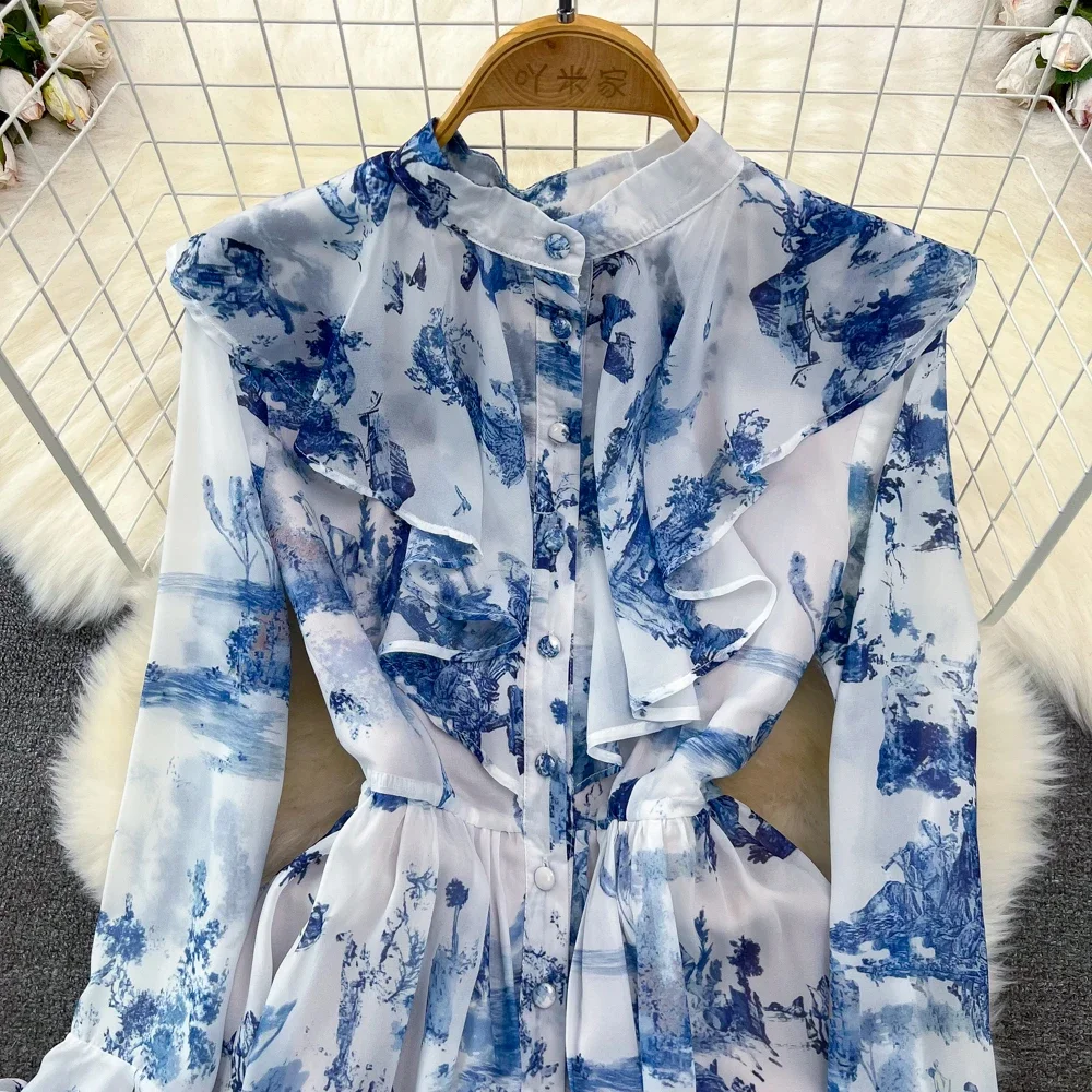 Robes longues en mousseline de soie pour femmes, style cour, imprimé floral, manches évasées, col montant, élégante, éducative, maxi, livraison directe