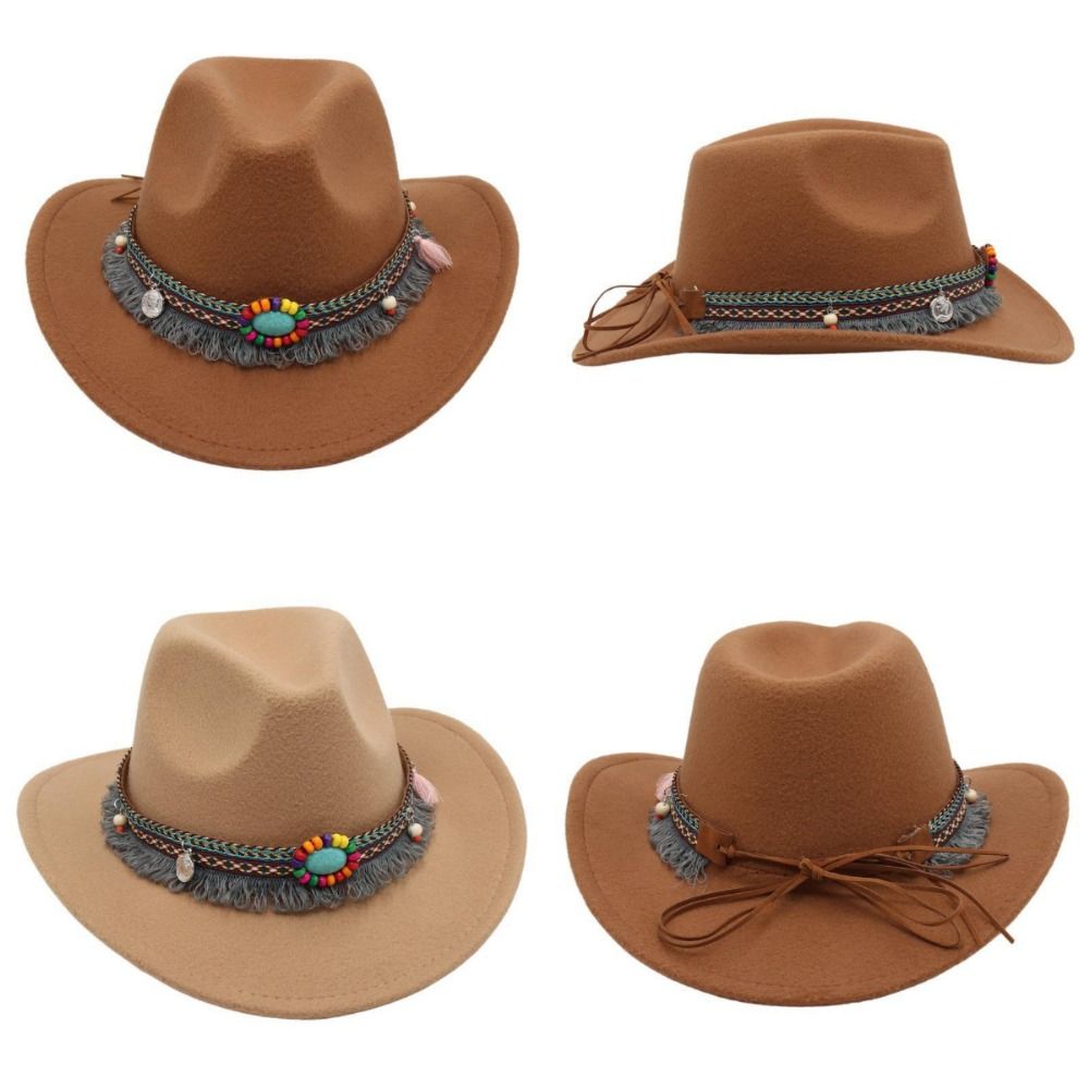 Chapeau de cowboy occidental style ethnique avec pompons, couleur unie, style tibétain, chapeau haut de forme pour femmes et hommes, large bord, corde colorée, chapeau Fedora Jazz