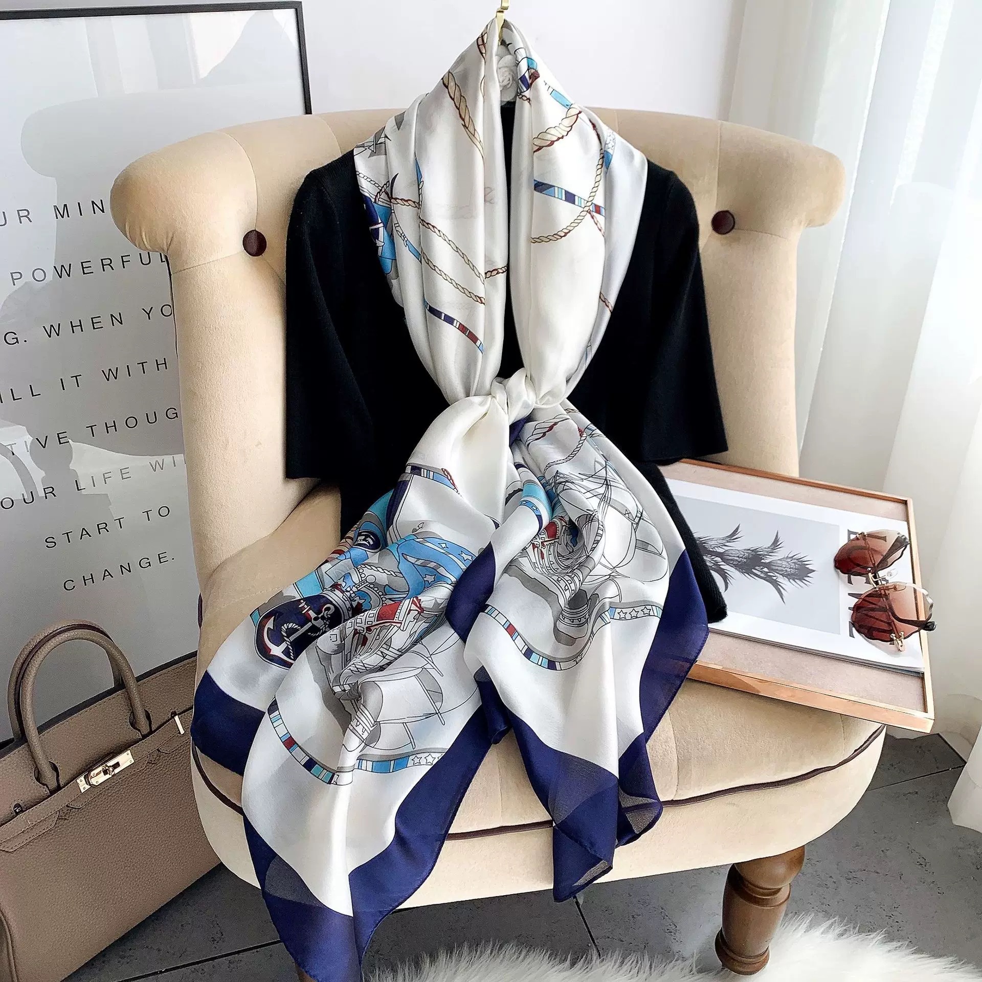 Écharpe en soie de grande taille 180X80CM, foulard pour femmes, marque de luxe, bandeau en satin, hijab, bandana, turban, foulard, étoles d'été pour la plage