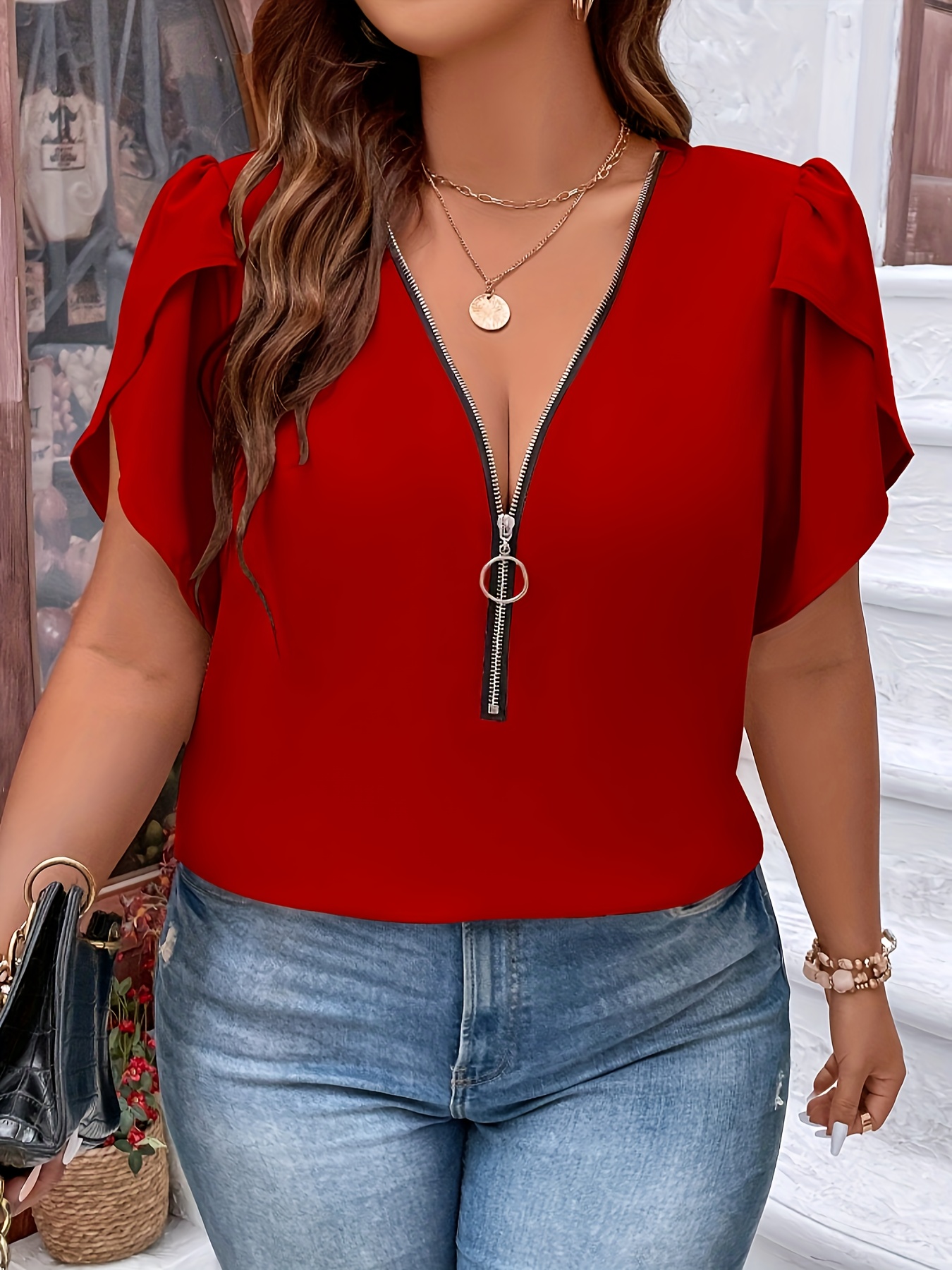 Grande taille été femmes élégant fermeture éclair en mousseline de soie Blouses chemise décontracté bureau dame solide hauts col en V femme vêtements