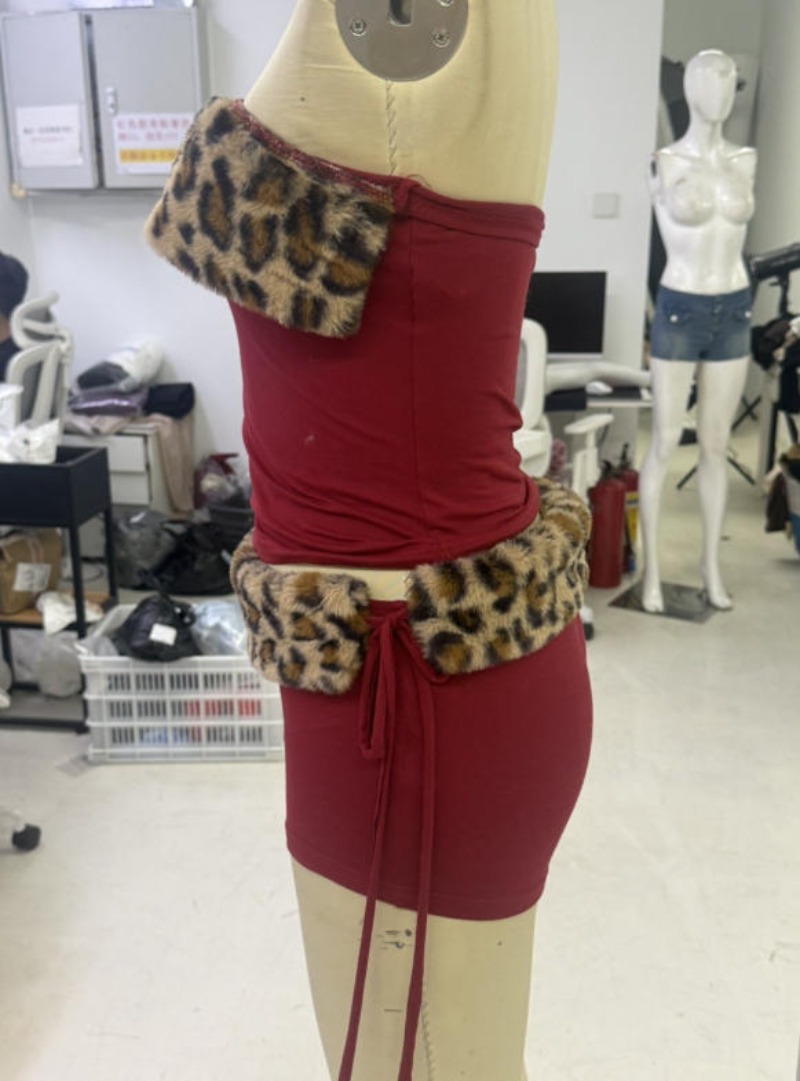 Ensemble léopard Vintage pour femmes, écharpe courte en fourrure Y2k, écharpe à lacets, Sexy, sans bretelles, Design épissé, débardeur, jupe trapèze taille basse