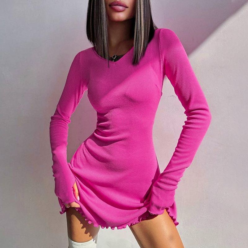 Printemps élégant jolies femmes robes nouveau noir Sexy robe courte femme col en V à manches longues mince couleur unie Mini robe