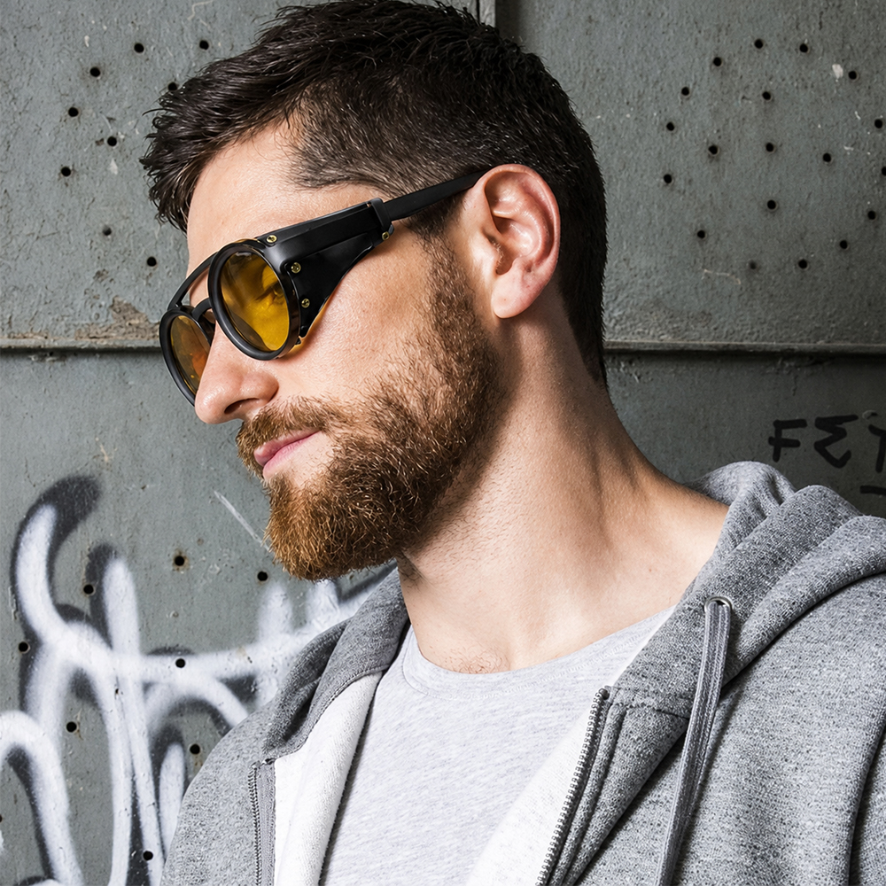 Lunettes de soleil rondes rétro steampunk pour hommes et femmes, en cuir, style punk vintage, protection UV400, anti-vent, pour sports de plein air et équitation