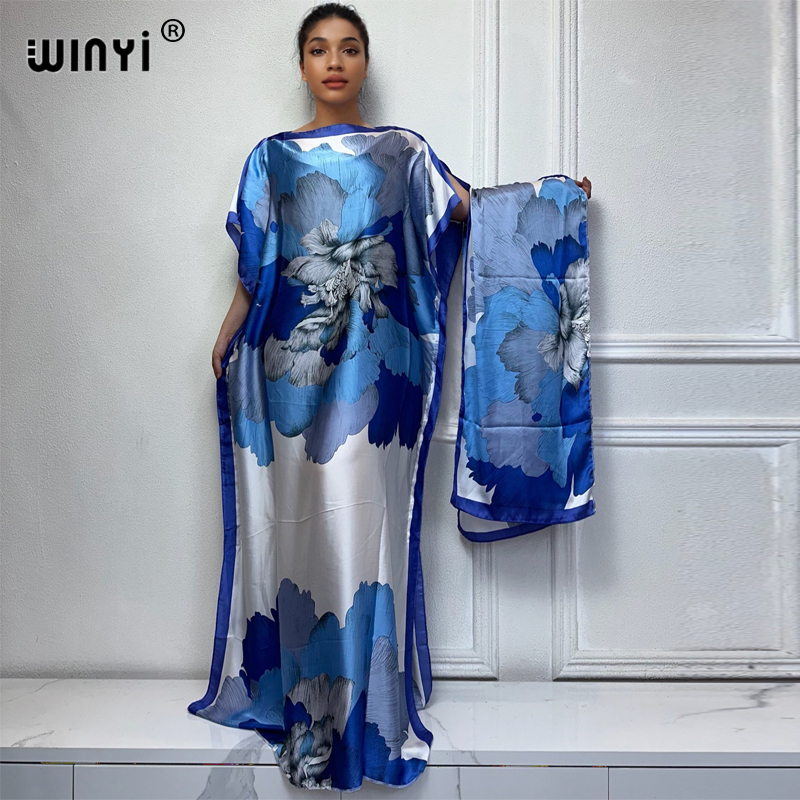 WINYI 2024 Nouvelle Robe Africaine pour Femmes, Imprimé Dashiki Bohème, Robe Longue Ample et Élégante pour Femme Musulmane, Taille Unique, Style Dubaï, avec Foulard