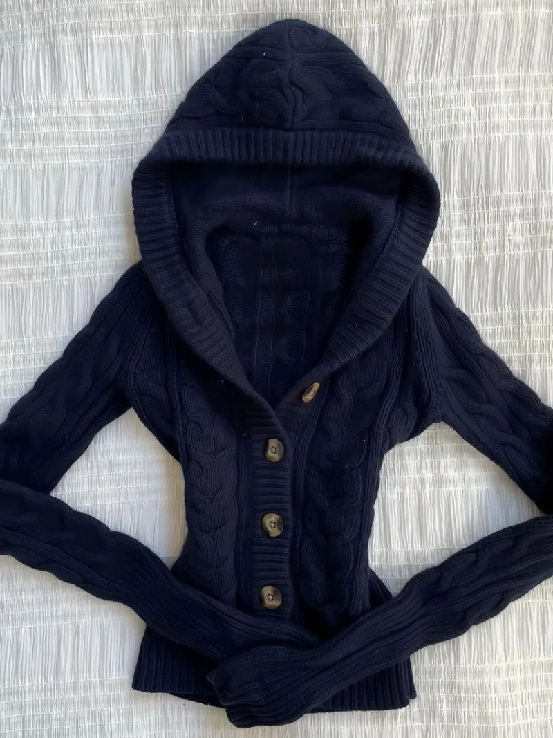 Cardigan à Capuche Bleu Foncé de Style Américain pour Femme, Pull Décontracté, Polyvalent, Rétro, Harajuku, Haut Simple, Y2K
