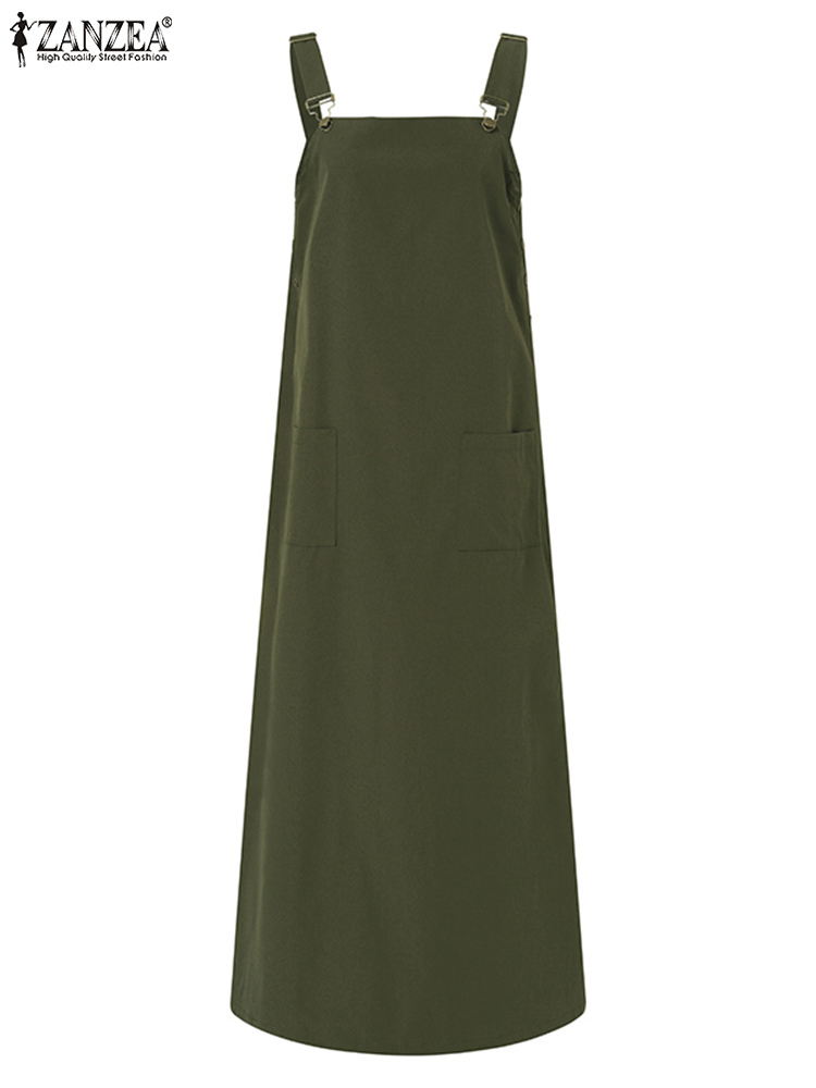 Femmes automne Robe d'été ZANZEA 2025 caftan bretelles Robe élégante solide salopette robes femme col carré boucle Maxi Robe