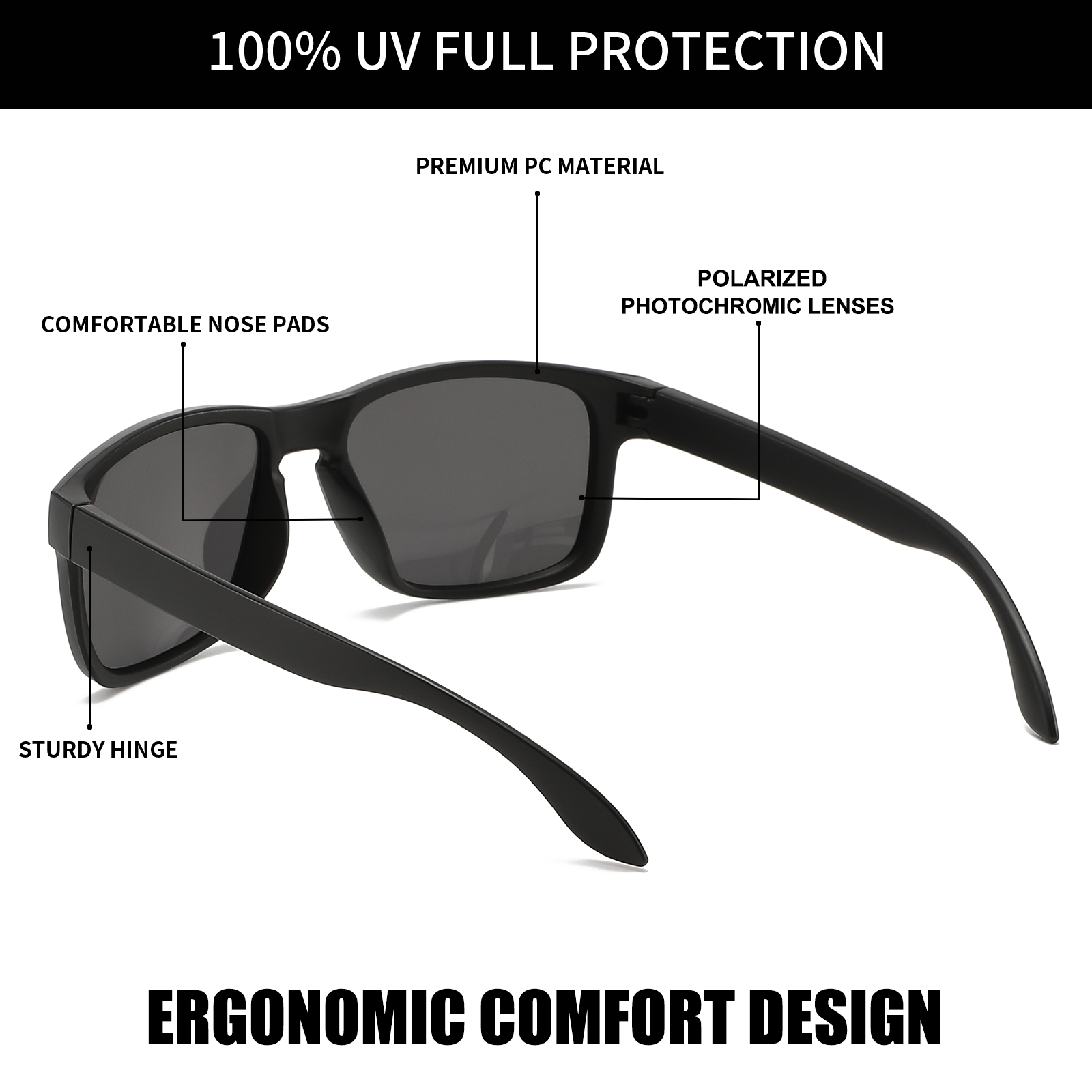 Lunettes de soleil sportives polarisées photochromiques unisexes à monture carrée UV400 anti-reflets, confortables pour la conduite, la pêche et le cyclisme