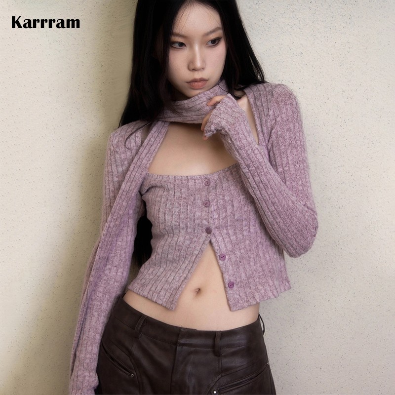 Karrram japonais Y2k court Cardigan avec écharpe mode coréenne violet tricots Vintage col carré culture Cardigans esthétique